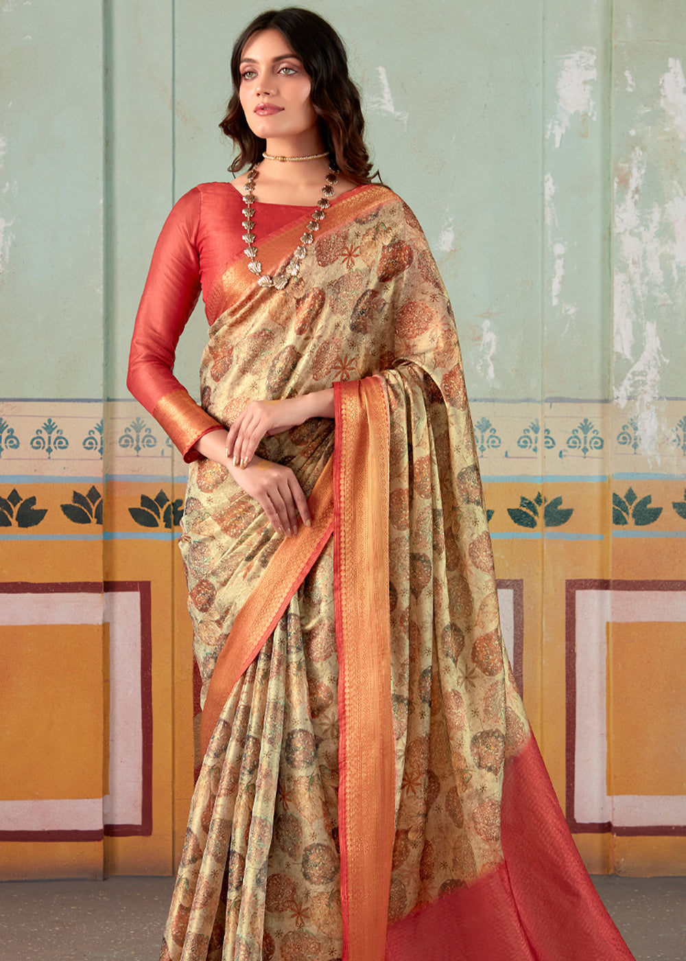 Mongoose Brown and Red Banarasi Tissue Silk Saree