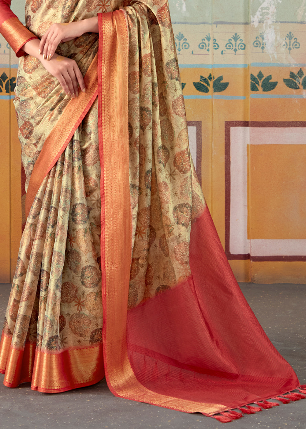 Mongoose Brown and Red Banarasi Tissue Silk Saree