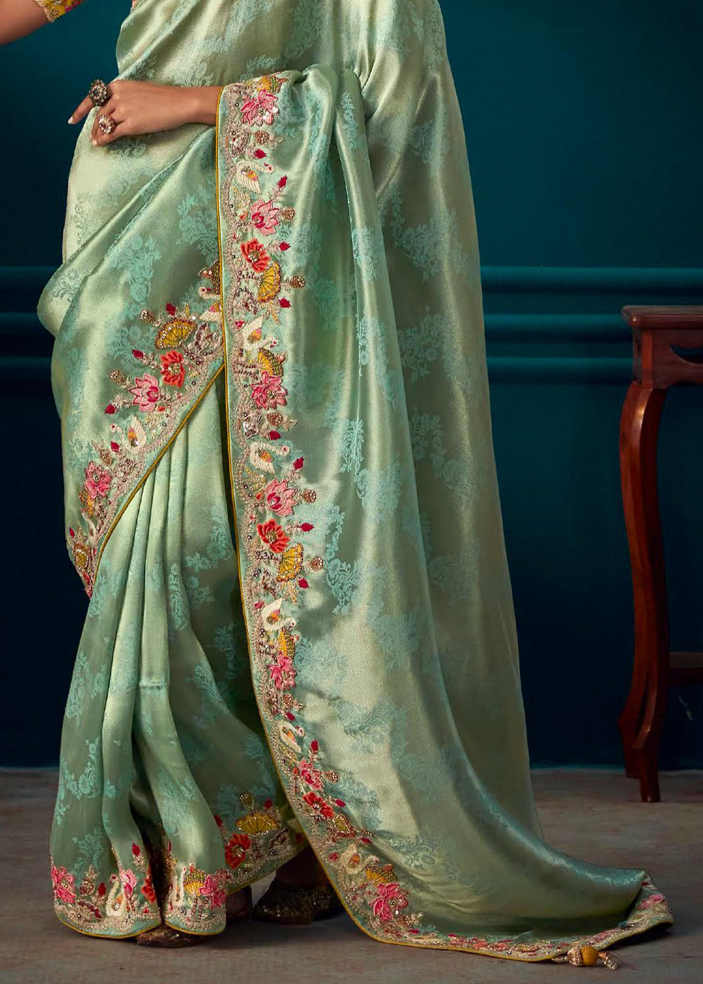 Schist Green Woven Embroidered Banarasi Silk Saree