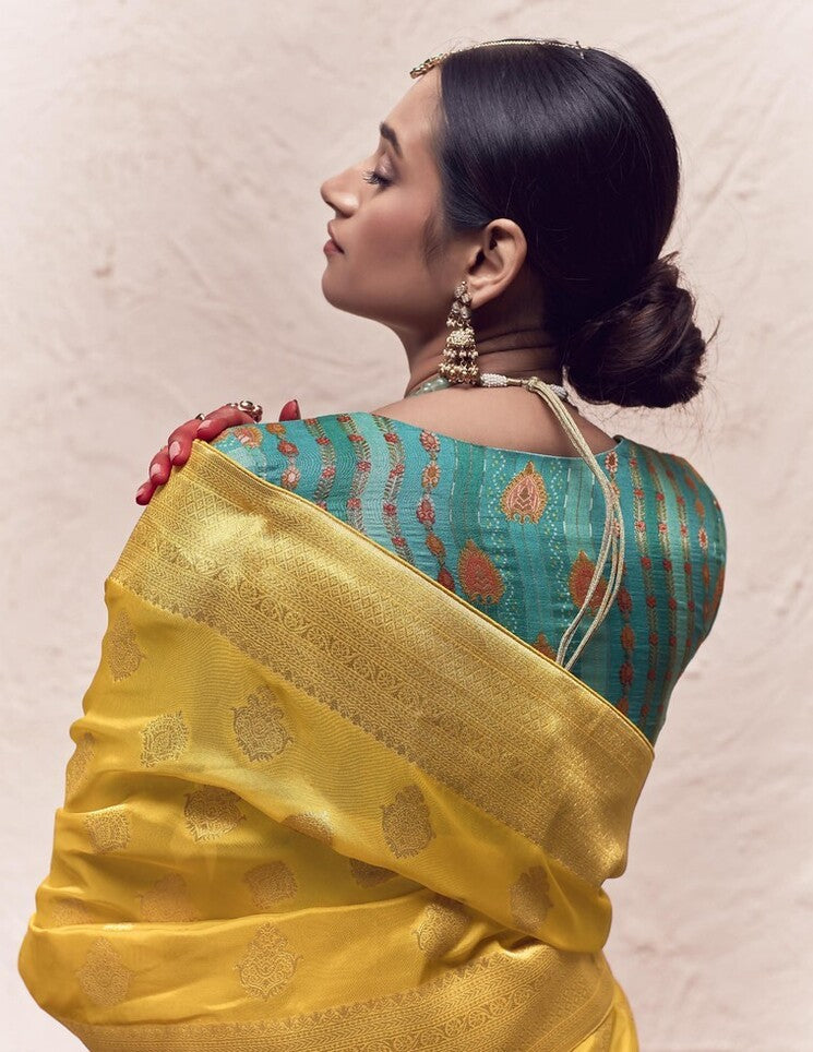 Orche Yellow Designer Banarasi Handloom Silk Saree