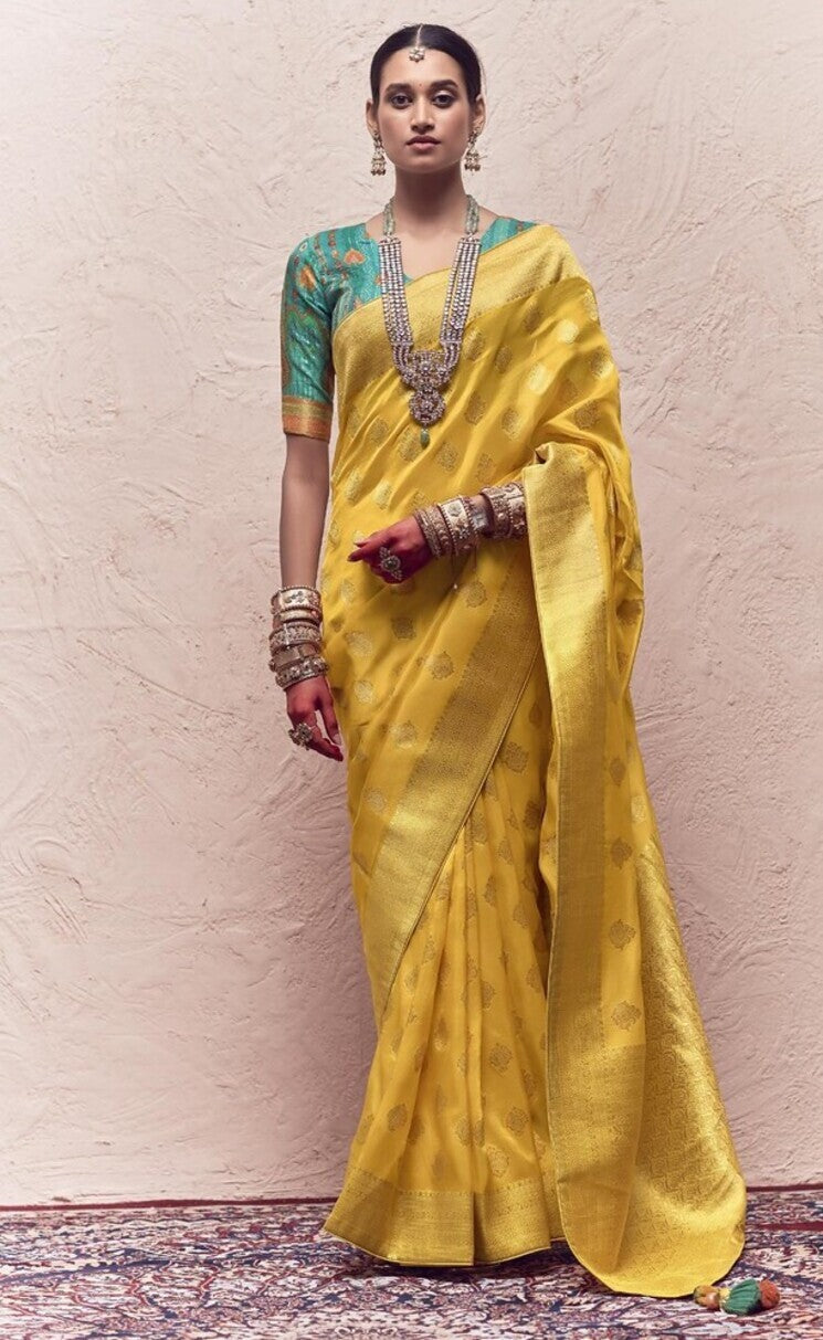 Orche Yellow Designer Banarasi Handloom Silk Saree