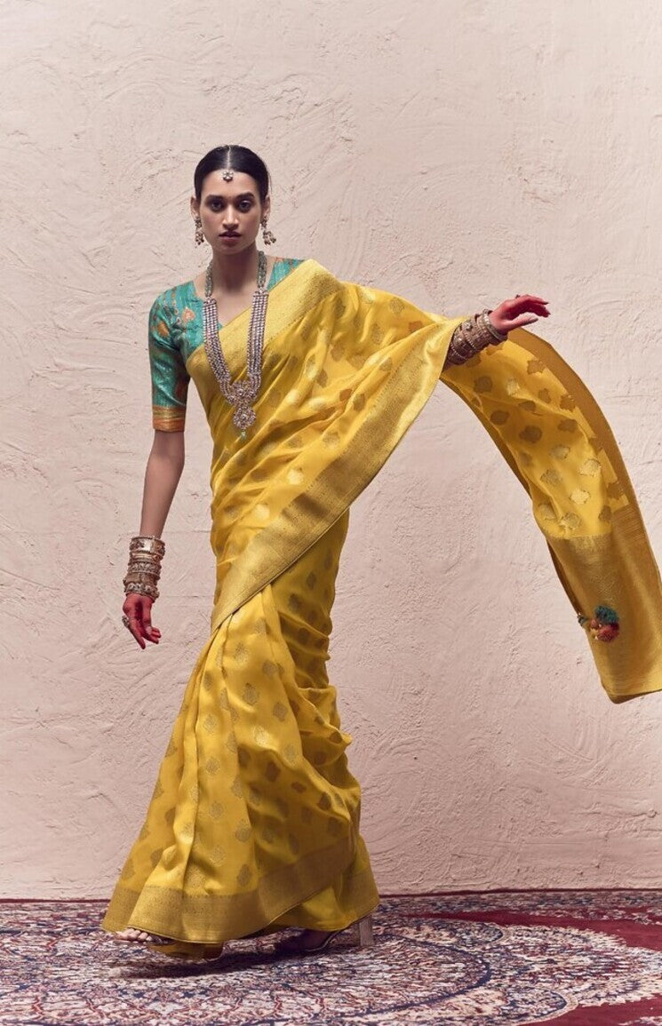 Orche Yellow Designer Banarasi Handloom Silk Saree