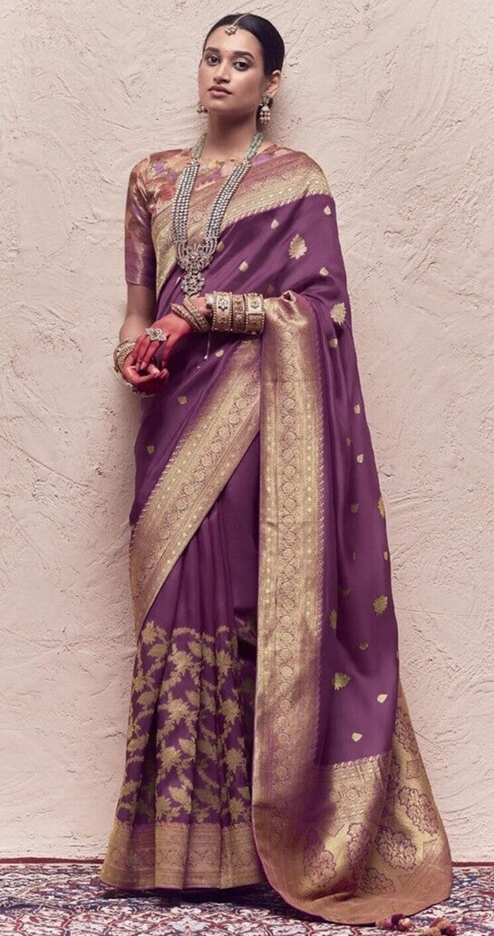 Sando Purple Designer Banarasi Handloom Silk Saree