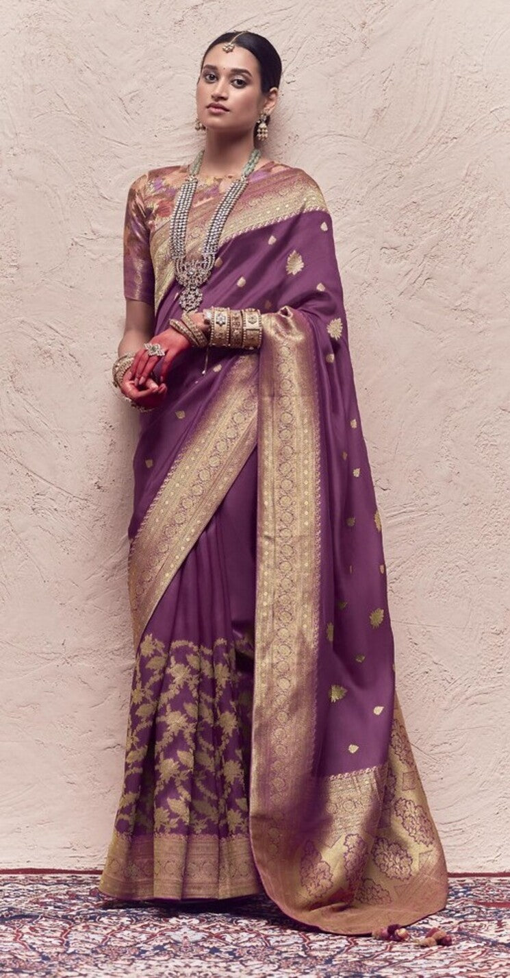 Sando Purple Designer Banarasi Handloom Silk Saree