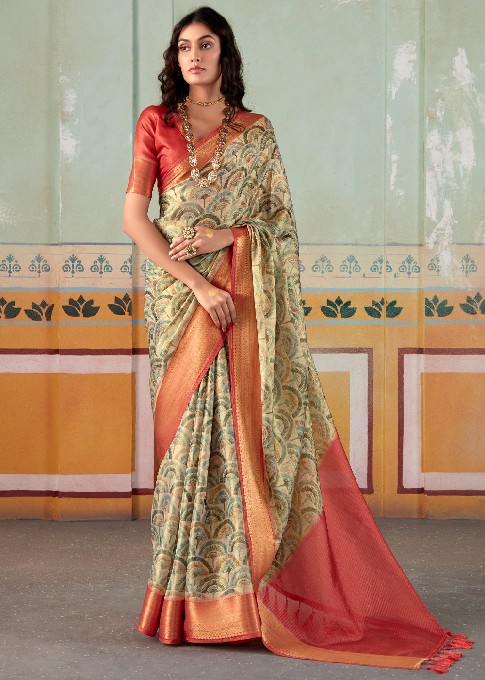 Hillary Green Banarasi Tissue Silk Saree