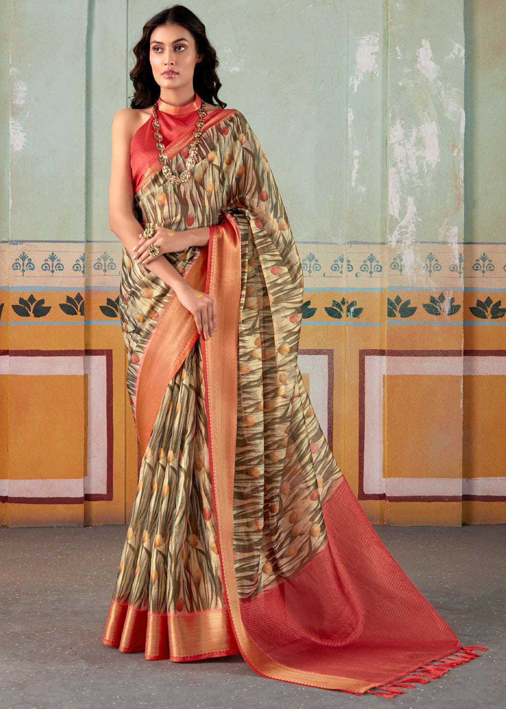 Sandal Brown and Red Banarasi Tissue Silk Saree