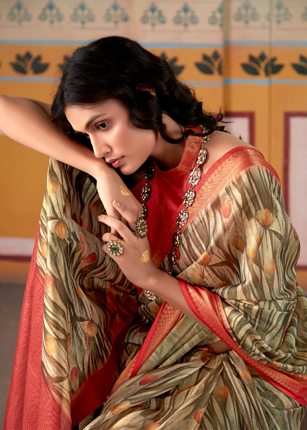 Sandal Brown and Red Banarasi Tissue Silk Saree