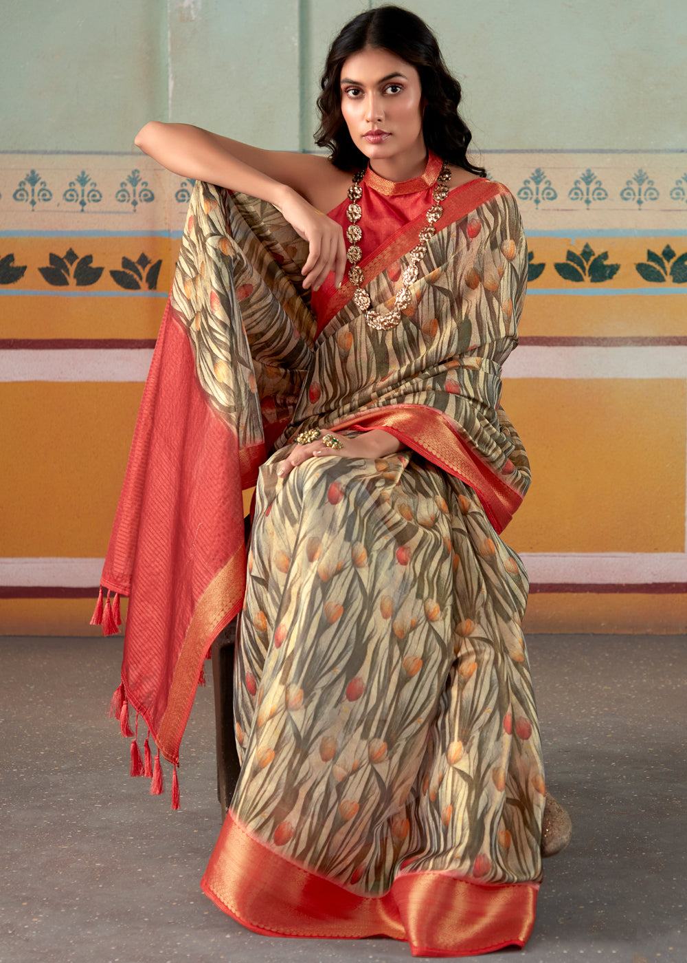 Sandal Brown and Red Banarasi Tissue Silk Saree