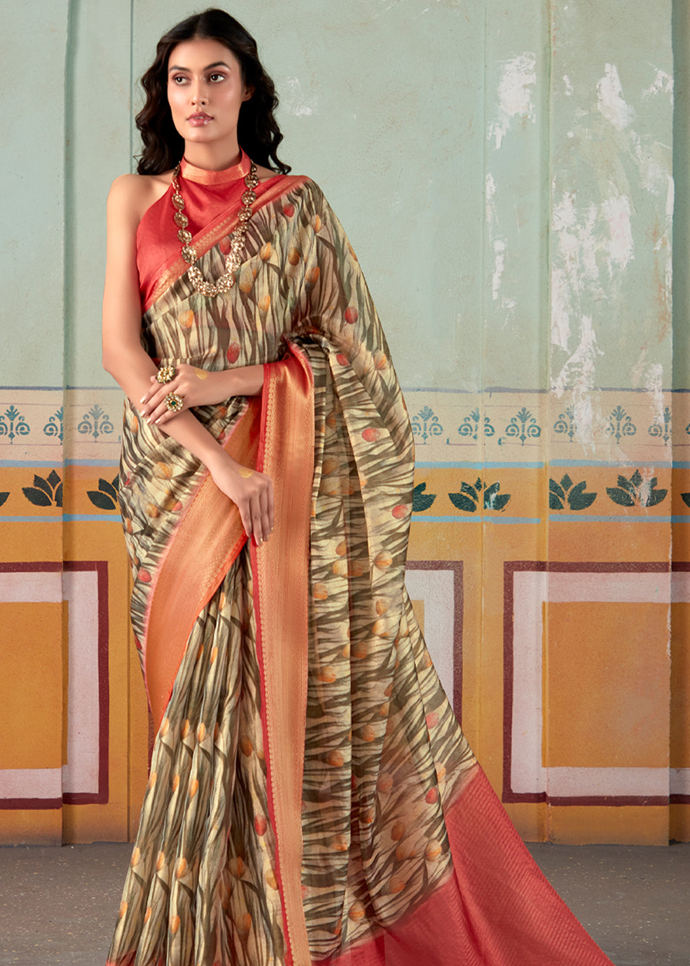 Sandal Brown and Red Banarasi Tissue Silk Saree