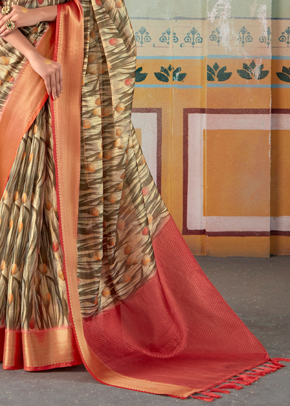 Sandal Brown and Red Banarasi Tissue Silk Saree