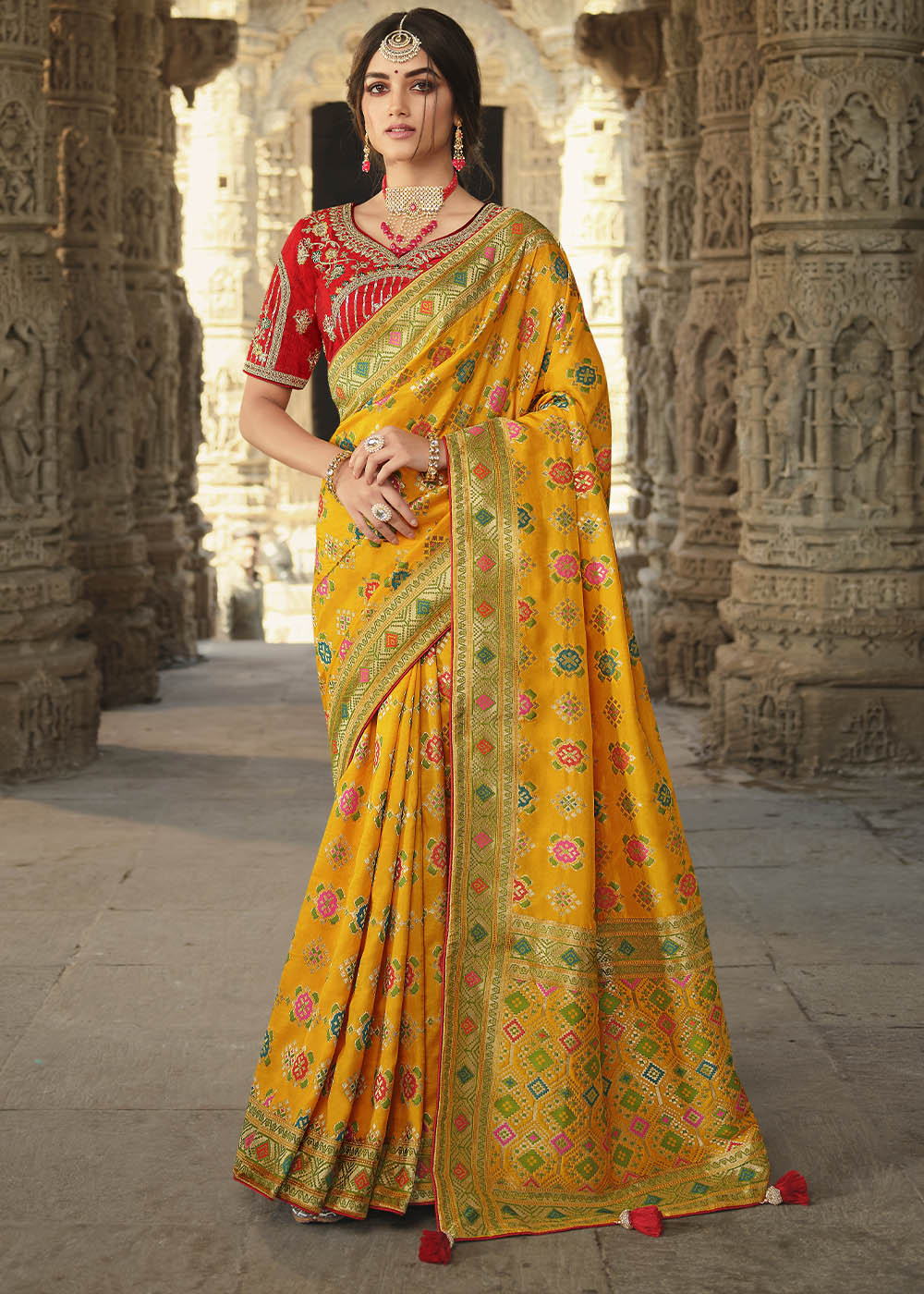 Golden Yellow and Red Designer Banarasi Silk Saree with Embroidered Blouse