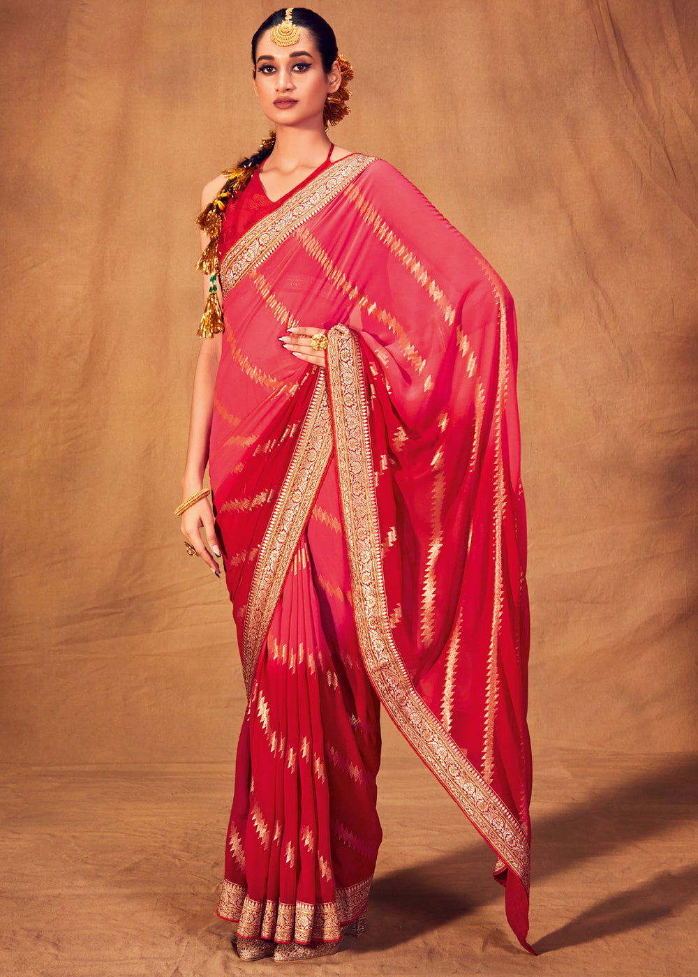 Tulip Pink and Red Woven Georgette Silk Saree