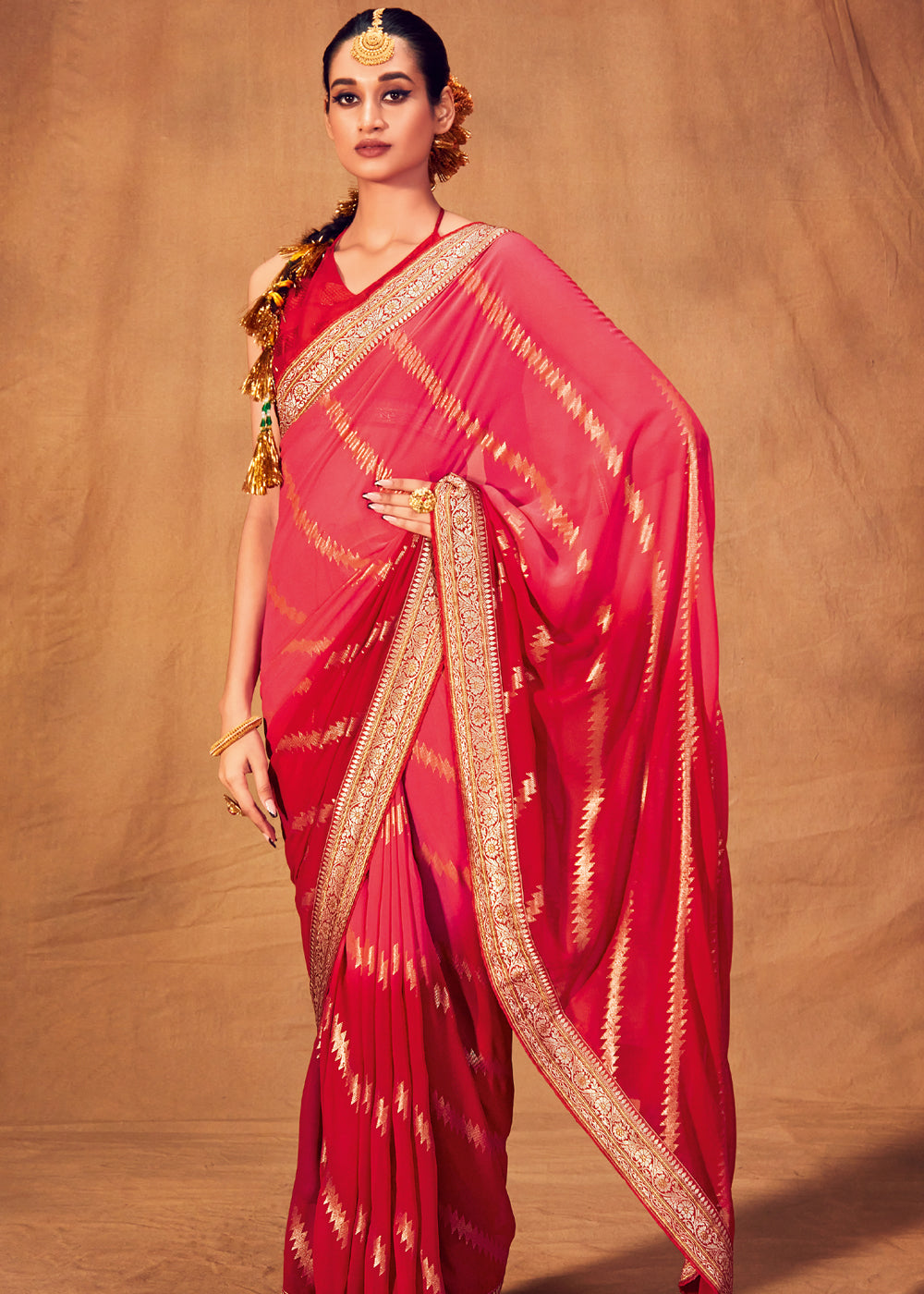 Tulip Pink and Red Woven Georgette Silk Saree