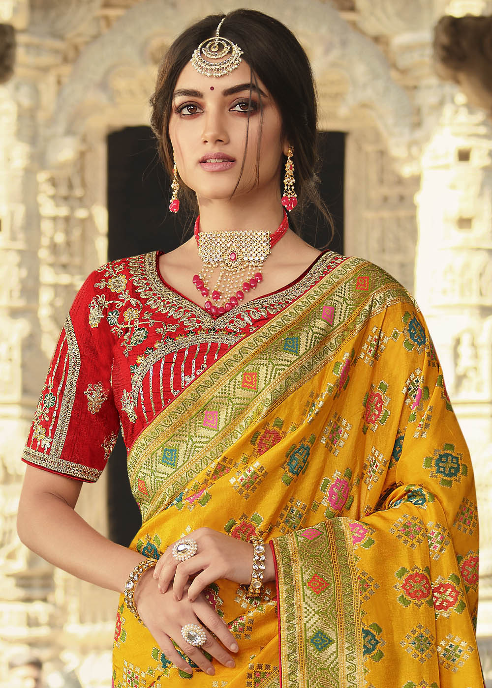 Golden Yellow and Red Designer Banarasi Silk Saree with Embroidered Blouse