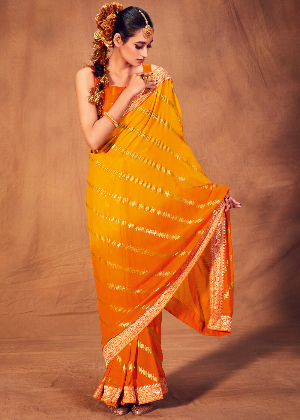 Bright Sun Yellow and Orange Woven Georgette Silk Saree