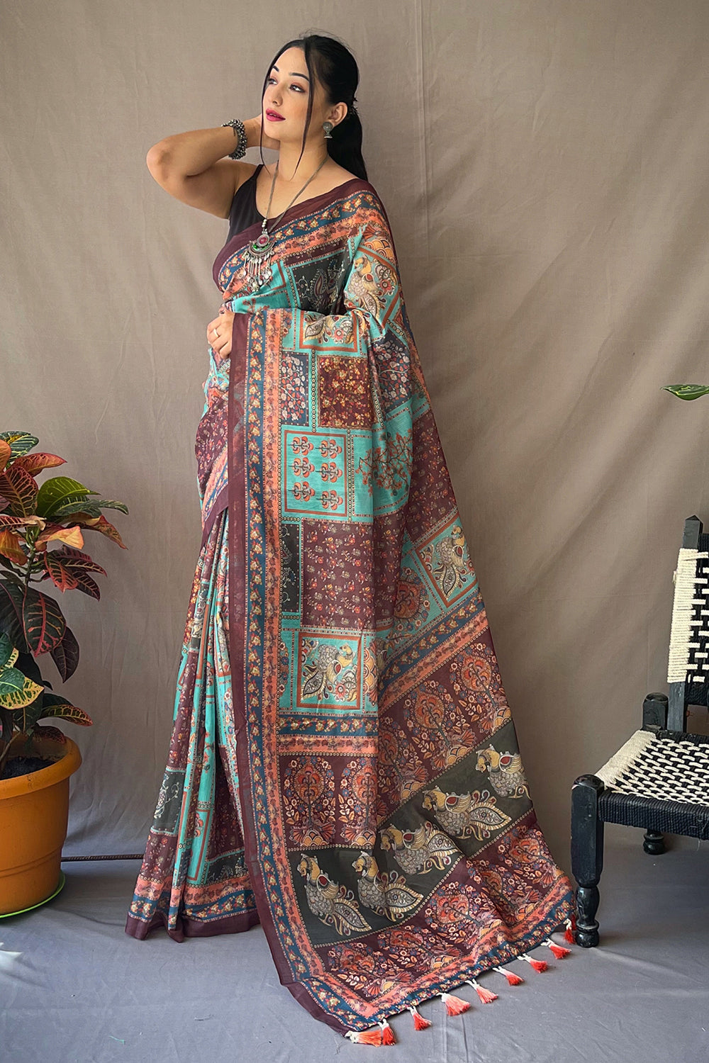 Acapulco Blue Kalamkari Saree