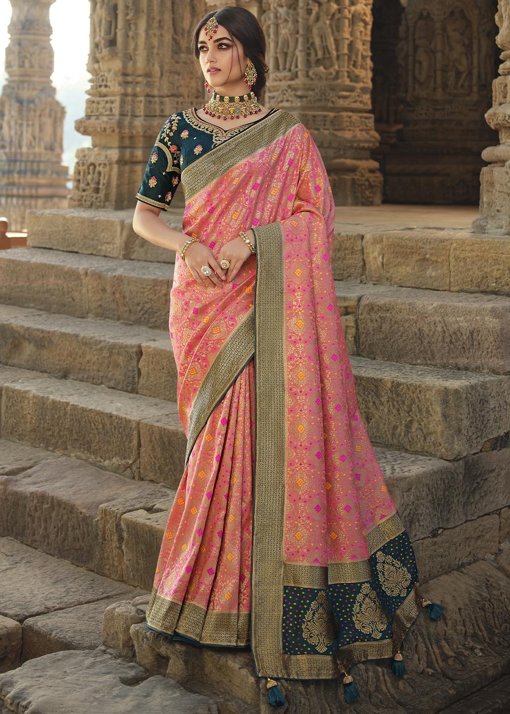 Burnt Pink and Blue Designer Banarasi Silk Saree with Embroidered Blouse