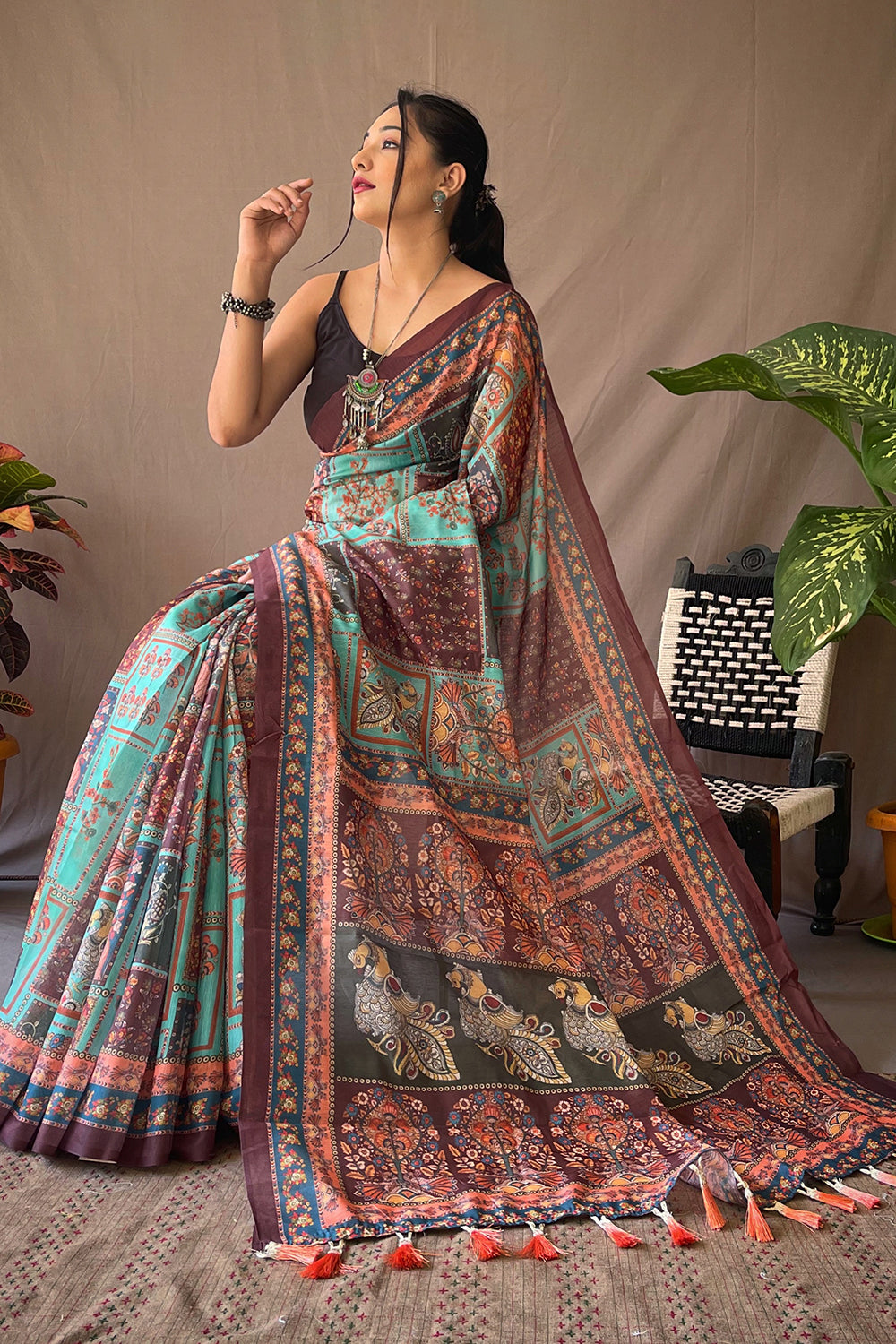 Acapulco Blue Kalamkari Saree