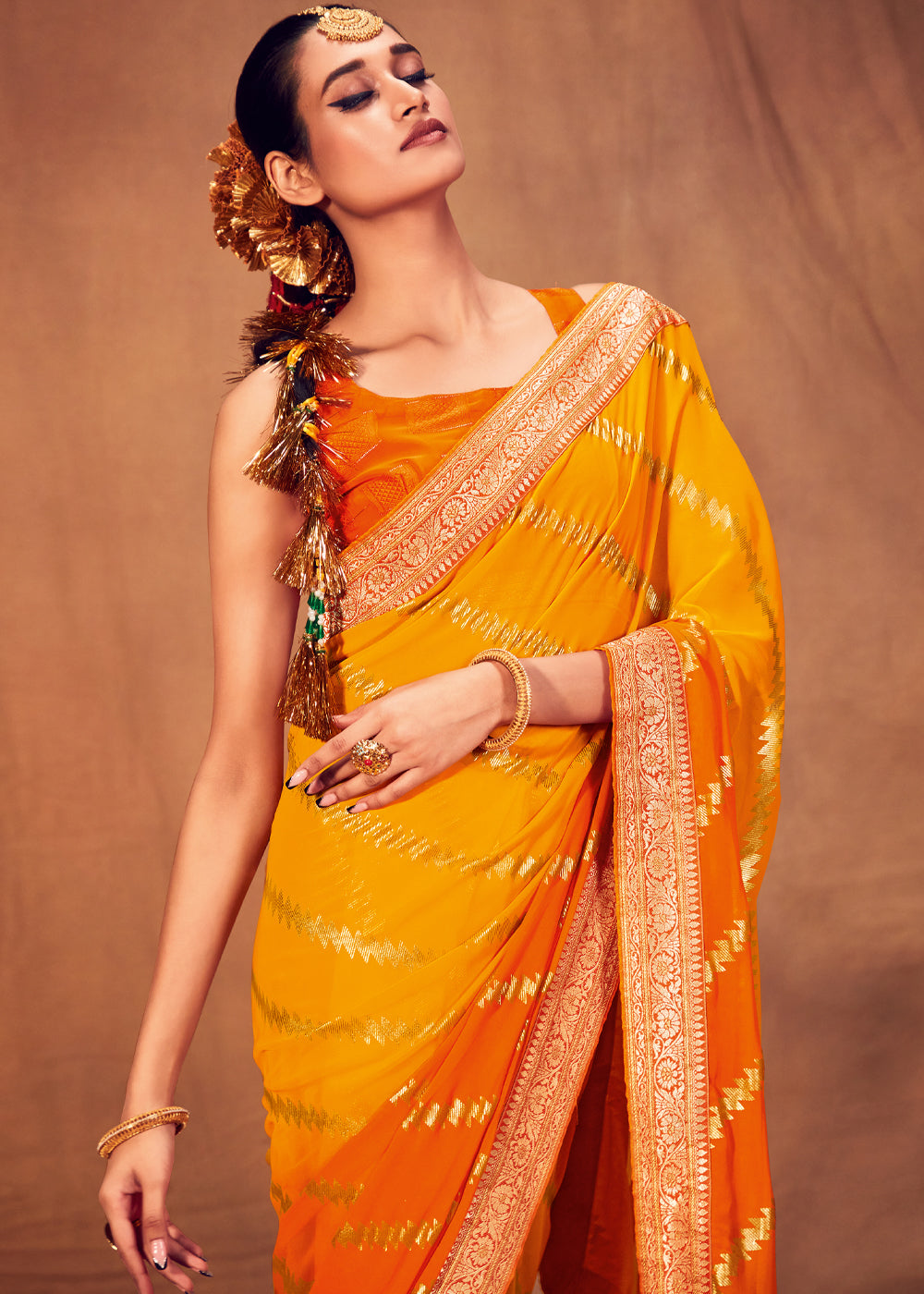 Bright Sun Yellow and Orange Woven Georgette Silk Saree