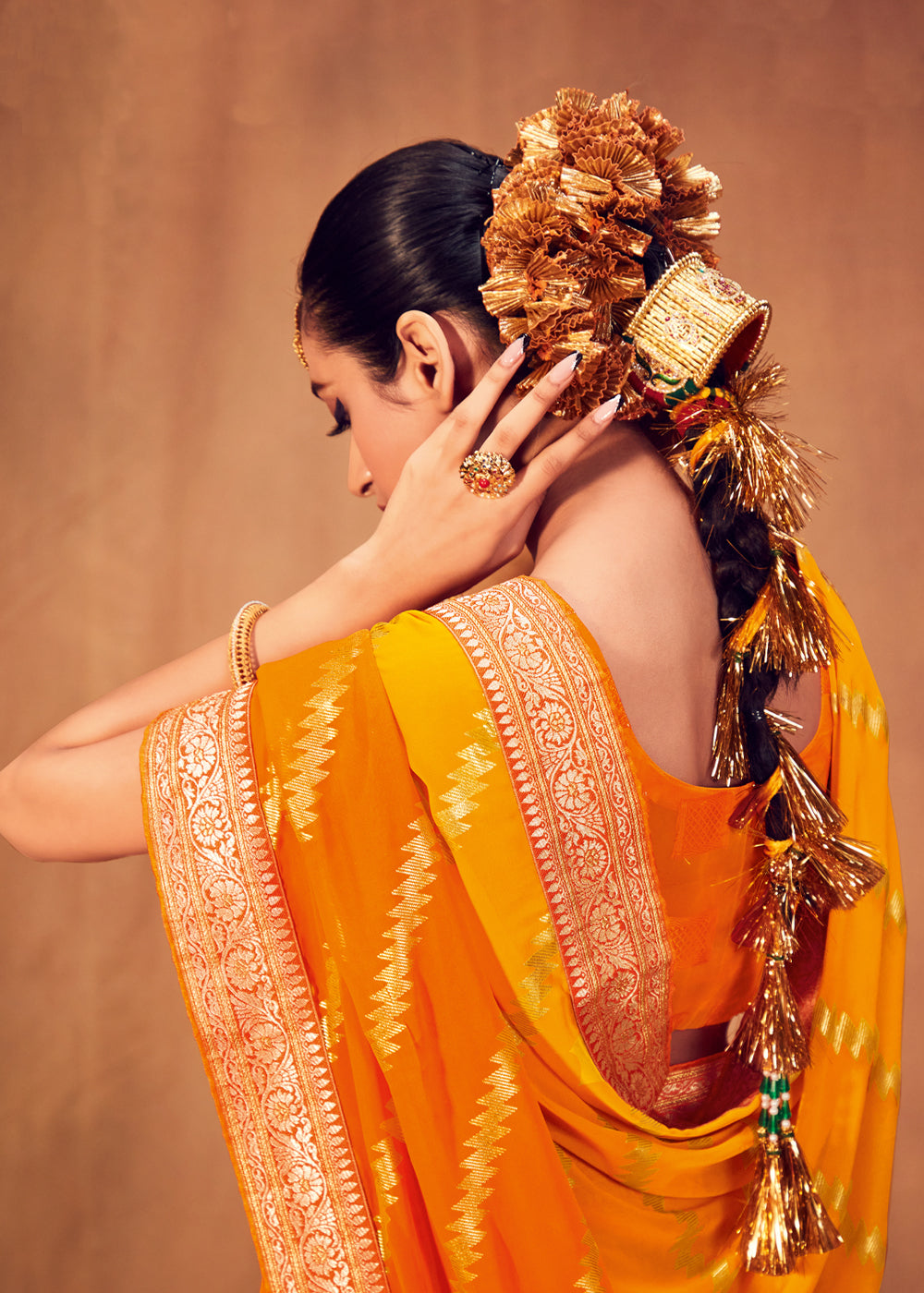 Bright Sun Yellow and Orange Woven Georgette Silk Saree