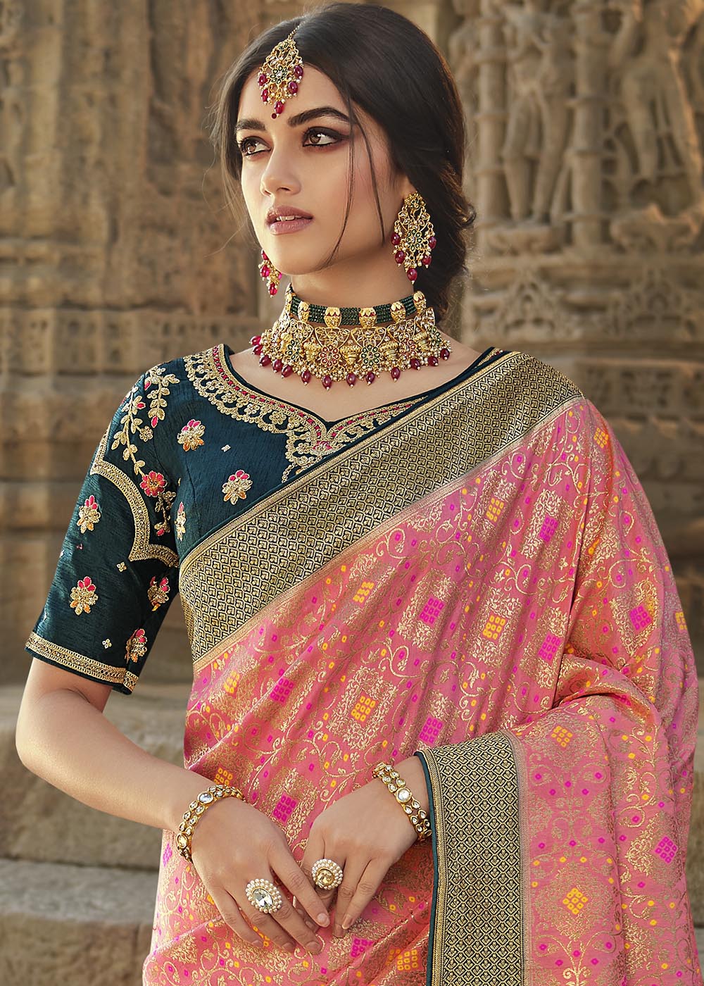 Burnt Pink and Blue Designer Banarasi Silk Saree with Embroidered Blouse