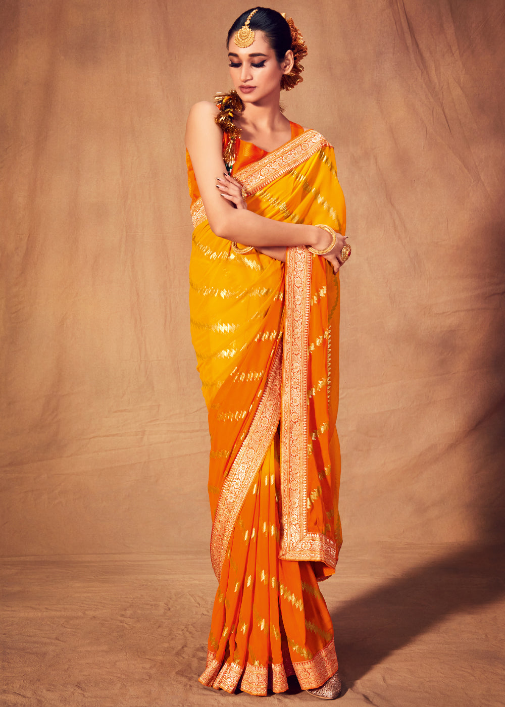 Bright Sun Yellow and Orange Woven Georgette Silk Saree