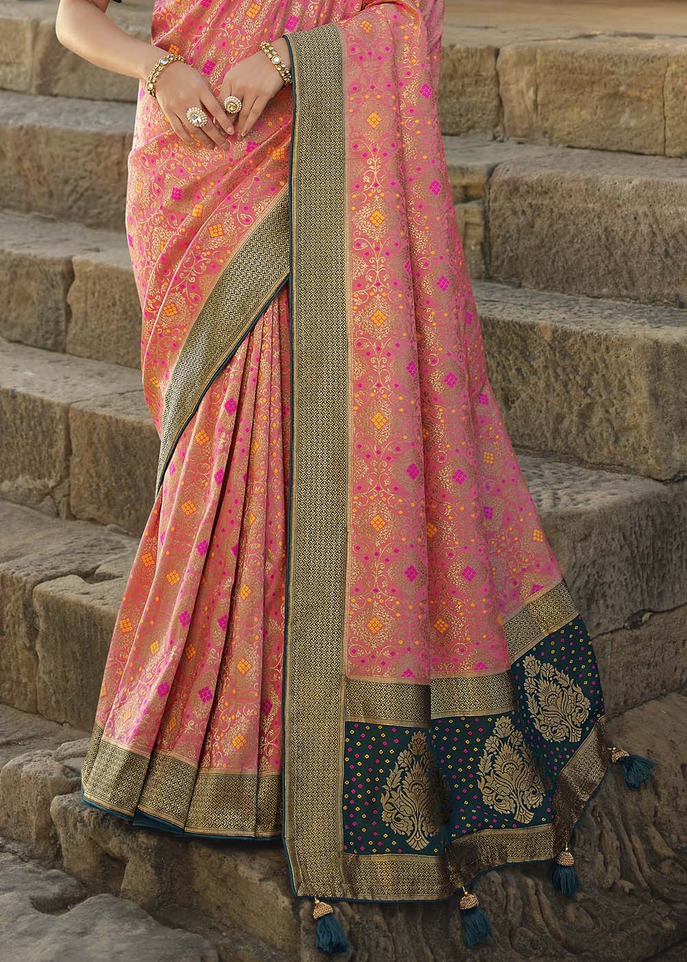 Burnt Pink and Blue Designer Banarasi Silk Saree with Embroidered Blouse