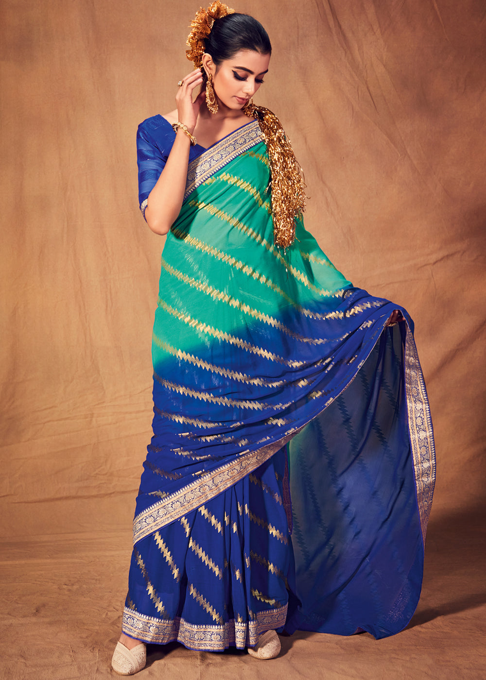 Downy Green and Blue Woven Georgette Silk Saree