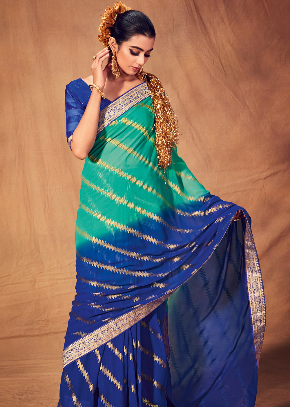 Downy Green and Blue Woven Georgette Silk Saree