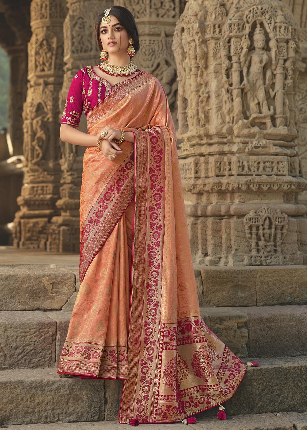 Tan Peach Pink Designer Banarasi Silk Saree with Embroidered Blouse