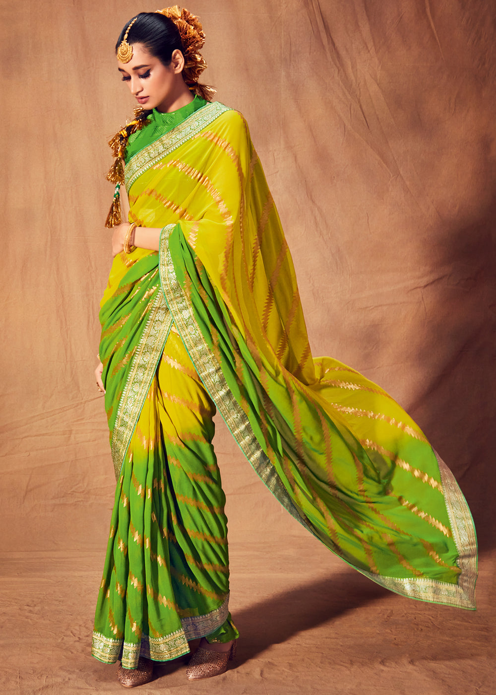 Gold Tips Yellow and Green Woven Georgette Silk Saree