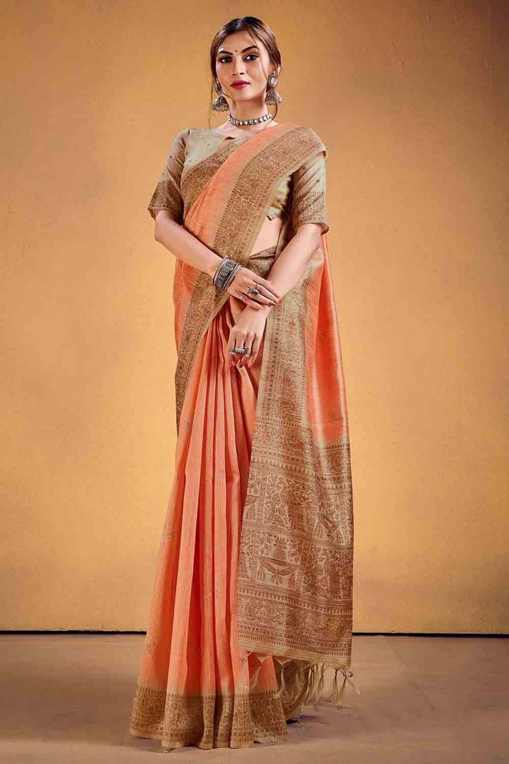 Copper Peach Cotton Silk Saree