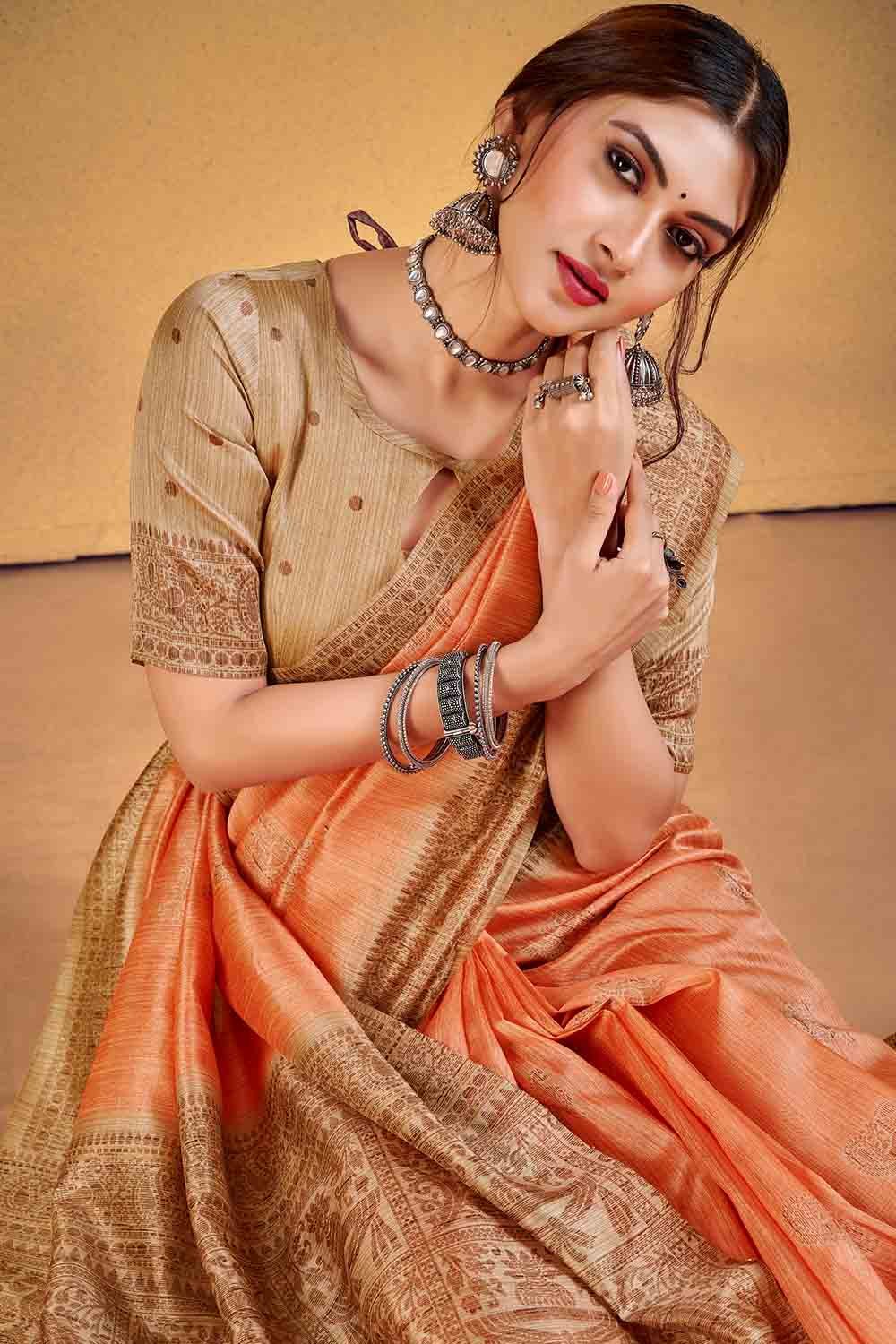 Copper Peach Cotton Silk Saree