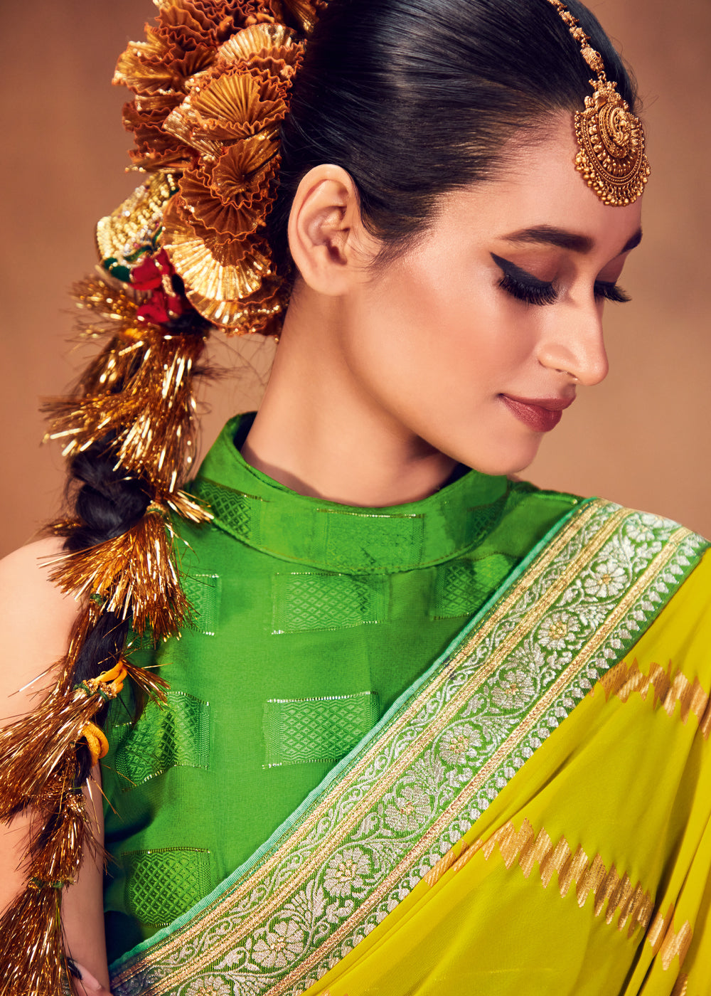 Gold Tips Yellow and Green Woven Georgette Silk Saree