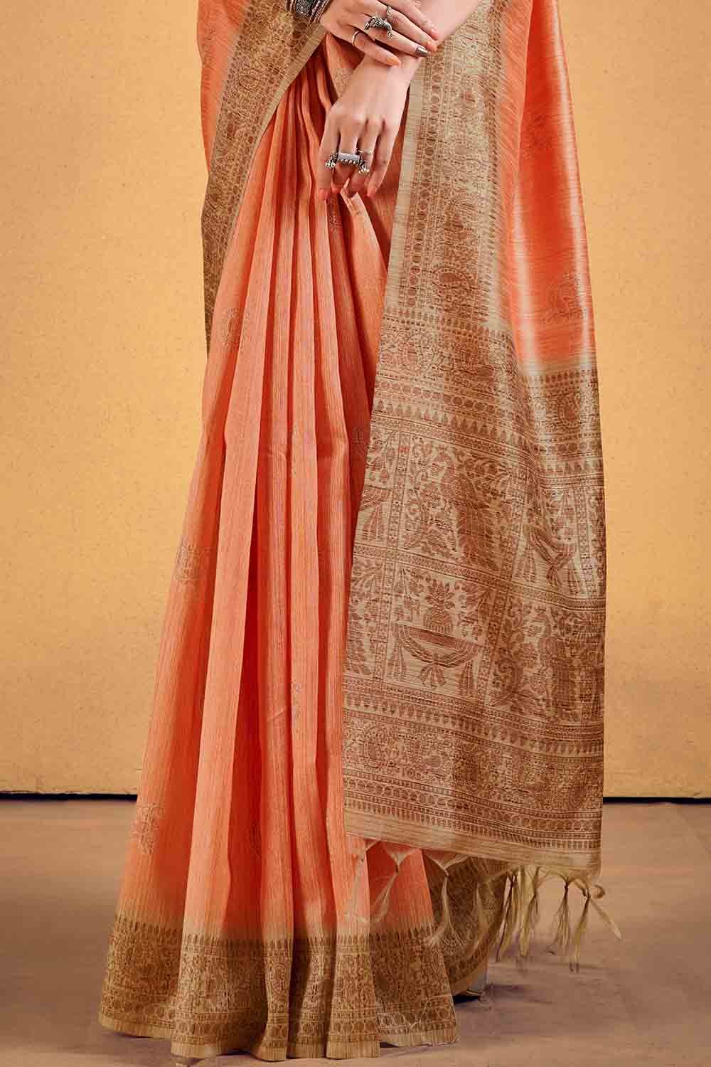 Copper Peach Cotton Silk Saree