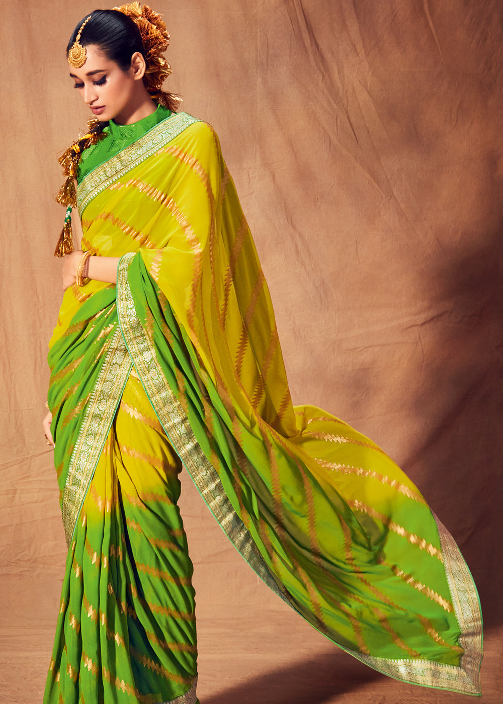 Gold Tips Yellow and Green Woven Georgette Silk Saree