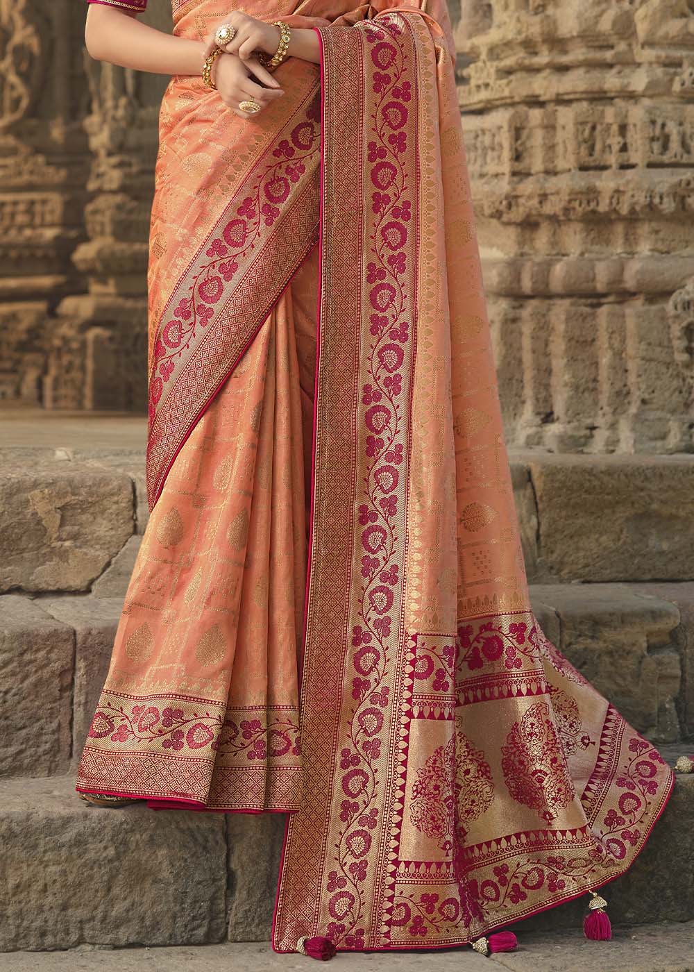 Tan Peach Pink Designer Banarasi Silk Saree with Embroidered Blouse