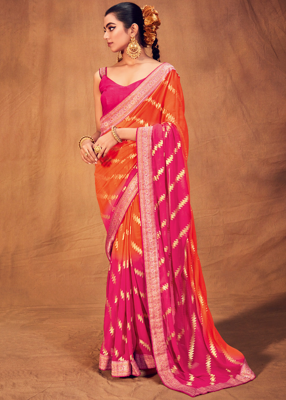 Persimmon Red and Orange Woven Georgette Silk Saree