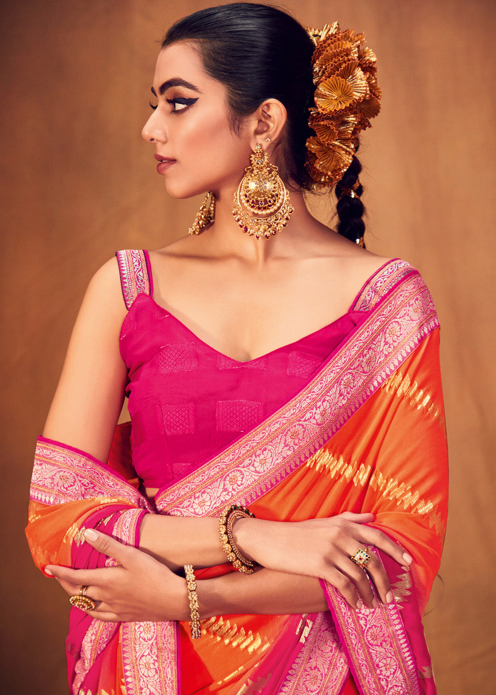 Persimmon Red and Orange Woven Georgette Silk Saree