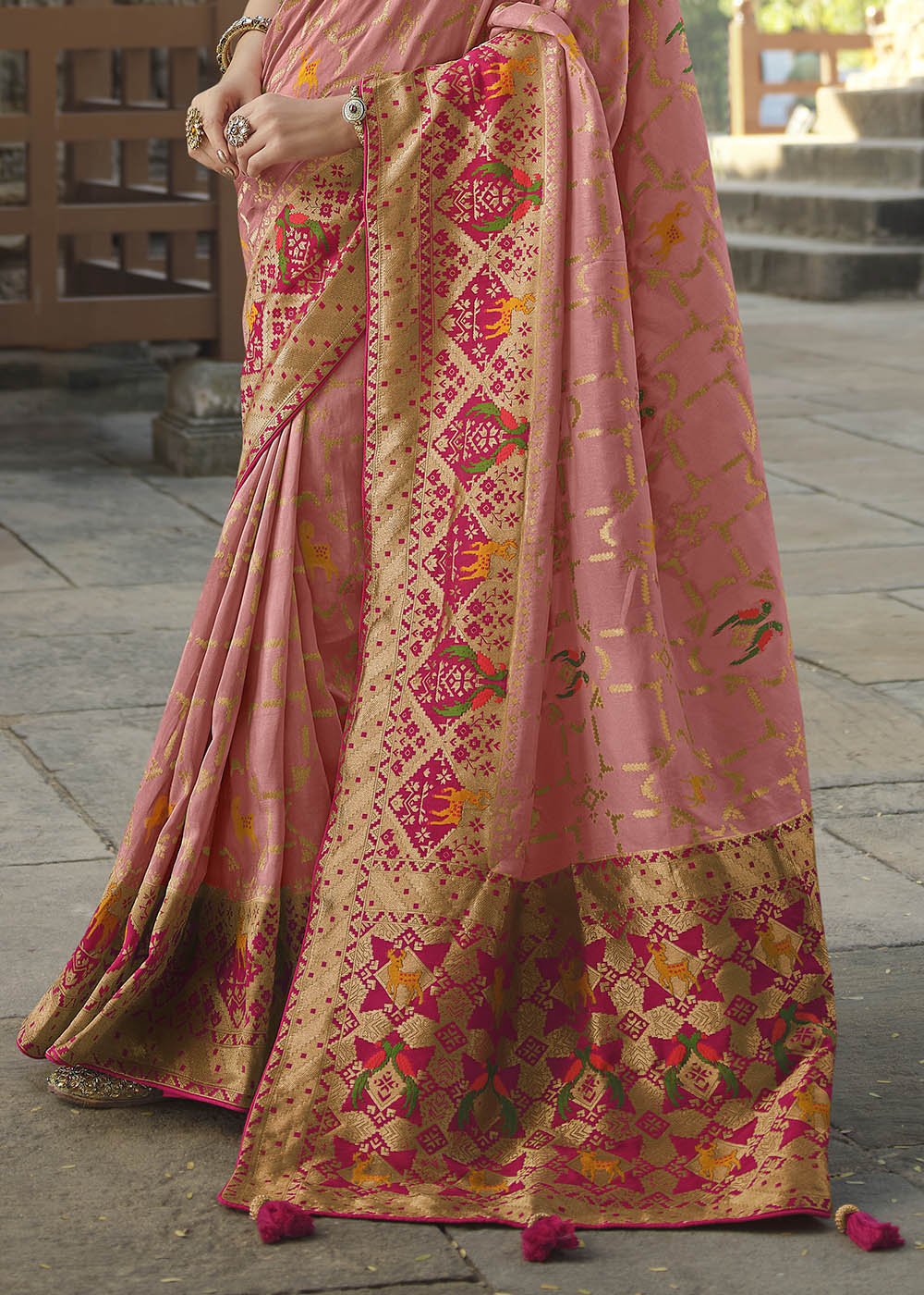 Matrix Peach Designer Banarasi Silk Saree with Embroidered Blouse