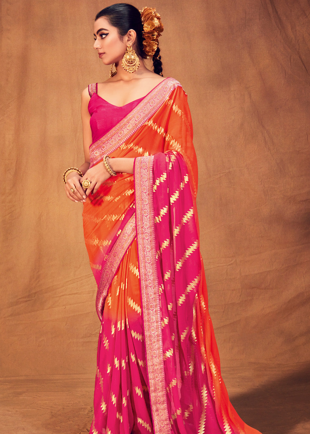 Persimmon Red and Orange Woven Georgette Silk Saree