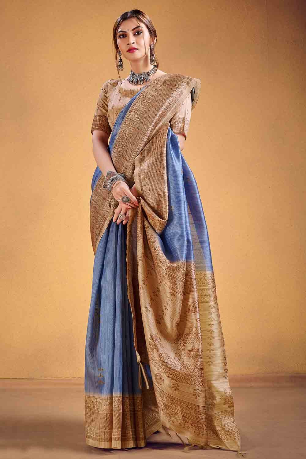 Denim Blue Cotton Silk Saree