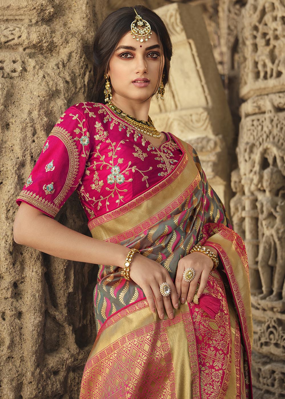 Lemon Grey and Pink Designer Banarasi Silk Saree with Embroidered Blouse