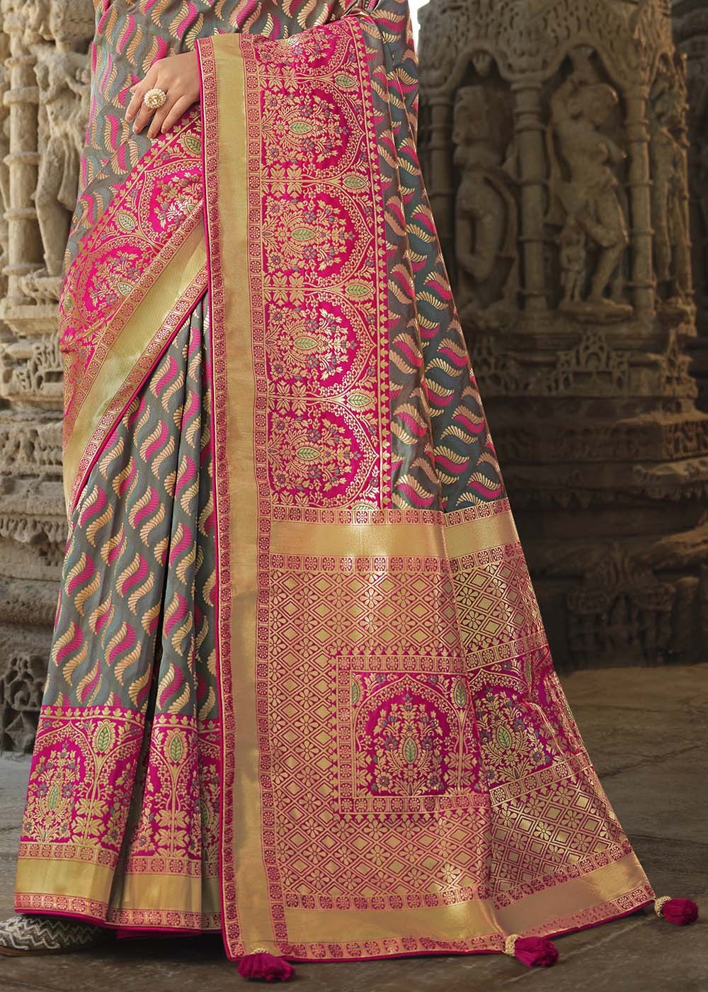 Lemon Grey and Pink Designer Banarasi Silk Saree with Embroidered Blouse