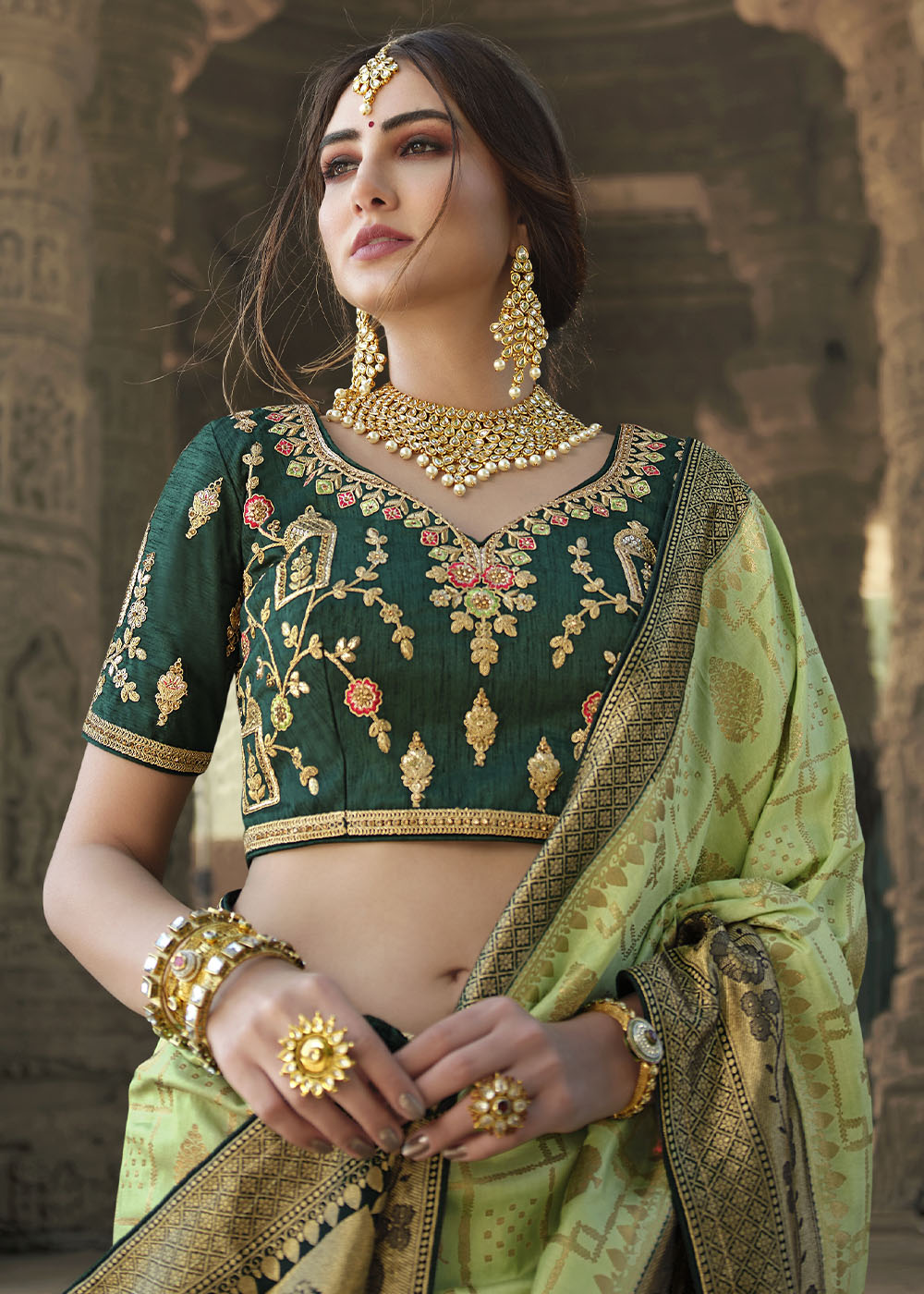 Green Smoke Designer Banarasi Silk Saree with Embroidered Blouse