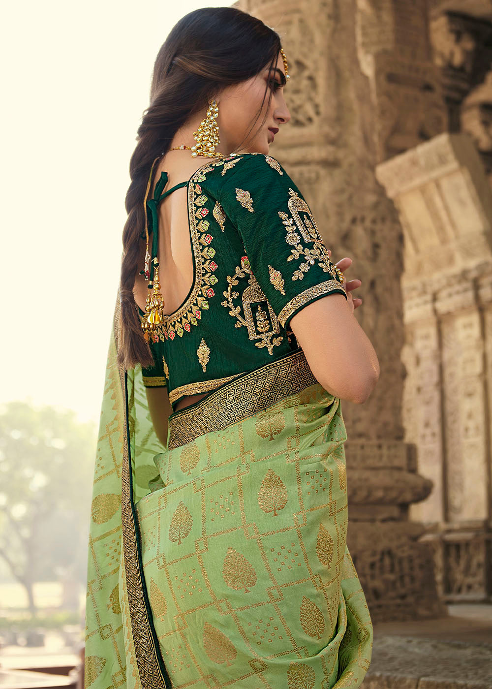 Green Smoke Designer Banarasi Silk Saree with Embroidered Blouse