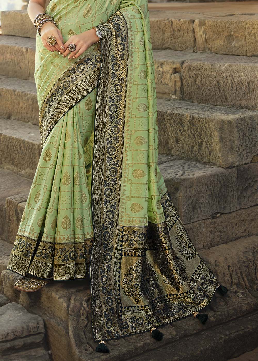 Green Smoke Designer Banarasi Silk Saree with Embroidered Blouse