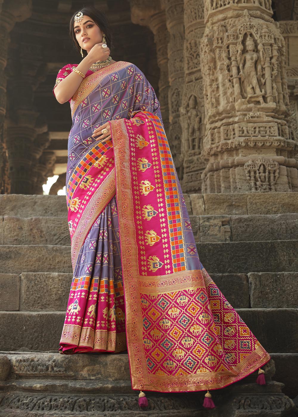 Dusty Purple and Pink Designer Banarasi Silk Saree with Embroidered Blouse