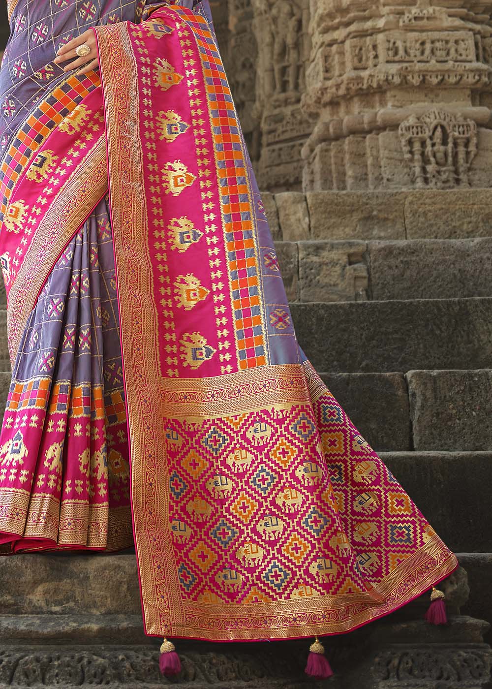 Dusty Purple and Pink Designer Banarasi Silk Saree with Embroidered Blouse