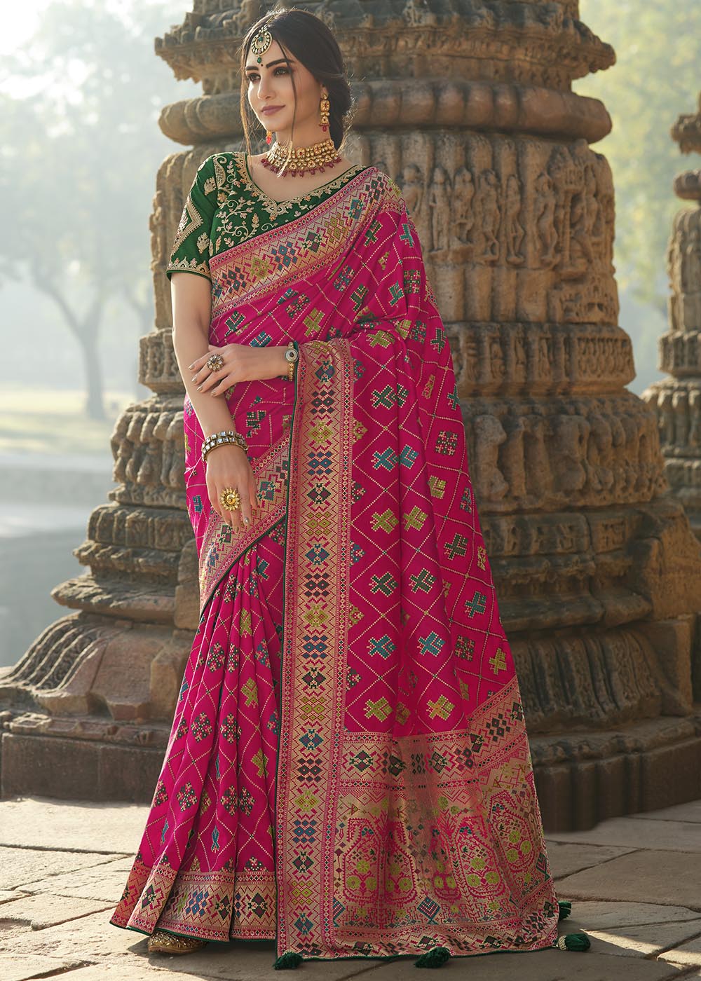 Brink Pink and Green Designer Banarasi Silk Saree with Embroidered Blouse